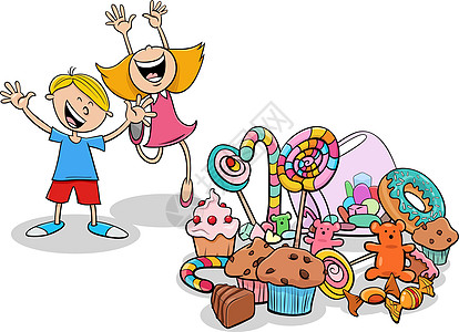 儿童漫画角色和一堆甜食图片