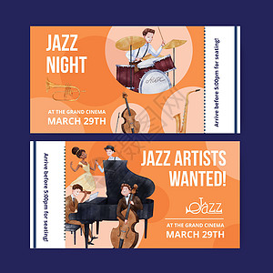 配有爵士音乐概念 水彩色风格的车票模板节日萨克斯广告展示娱乐音乐家俱乐部卡通片声学乐队图片