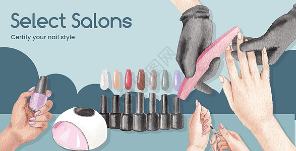 带有指甲沙龙概念 水彩色风格的广告牌模板化妆品女士治疗水彩美容师营销温泉美甲师服务手指图片