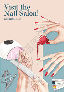 带有指甲沙龙概念 水彩色风格的海报模板营销化妆品剪刀美容师水彩抛光小册子女士女孩工具图片