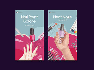 带有指甲沙龙概念 水彩色风格的Instagram模板表皮治疗女孩顾客手指凝胶温泉广告水彩营销图片
