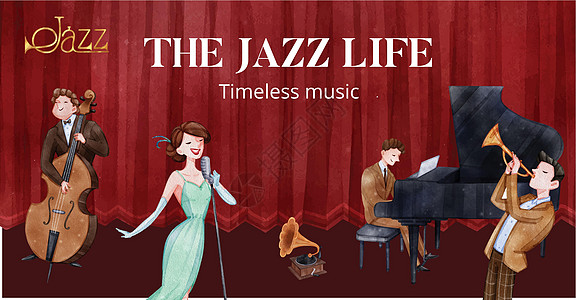 带有爵士音乐概念 水彩风格的广告牌模板展示闲暇爵士乐营销喇叭演员插图钢琴节日广告图片