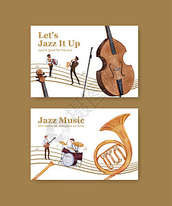 带有爵士音乐概念 水彩色风格的Facebook模板音乐家水彩媒体节日钢琴爵士乐广告插图派对展示图片