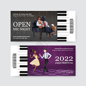 配有爵士音乐概念 水彩色风格的车票模板展示喇叭广告萨克斯钢琴营销节日水彩演员爵士乐图片