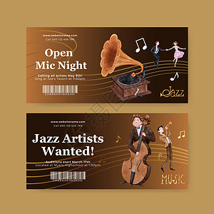 配有爵士音乐概念 水彩色风格的车票模板钢琴乐队歌手萨克斯管水彩喇叭横幅派对营销展示图片