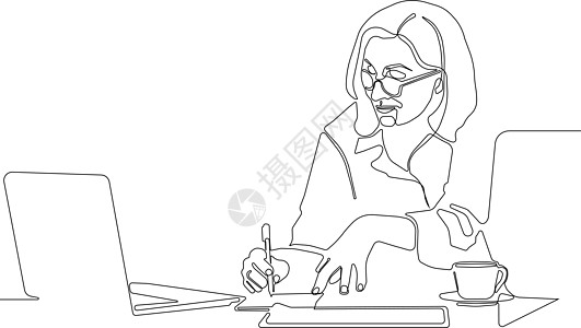 使用笔记本电脑的有重点年轻妇女卡通片组织公司办公室女士场景合作战略风暴讨论图片