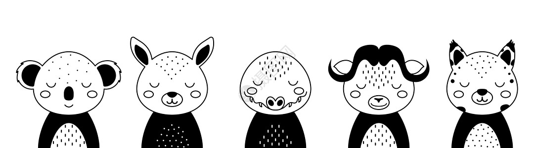 黑白动物集考拉 袋鼠 鳄鱼 麝牛 山猫 斯堪的纳维亚风格的可爱动物 设计儿童 T 恤 服装 幼儿园装饰 贺卡 矢量图图片