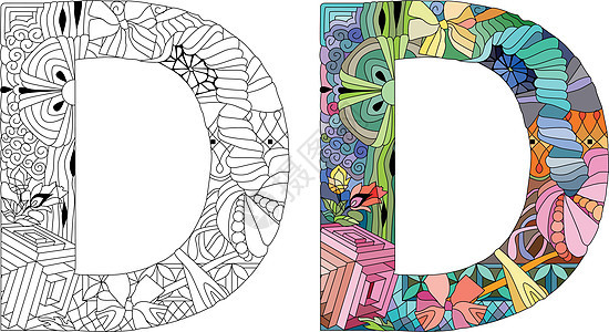 用于彩色 雕刻设计 矢量插图 颜色和大纲集的字母 D 单字词图片