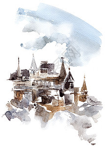 有城堡的风景绘画废墟多云天空墨水素描艺术建筑古董草图图片
