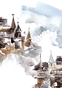 有城堡的风景废墟墨水素描天空建筑水彩草图多云古董绘画图片