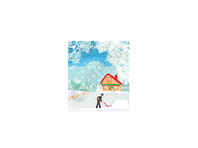 在冬季风景下铲雪的人工人交通暴风雪插图运输房子薄片街道季节灾难图片