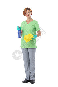 职业更清洁妇女商业打扫服务清洁工快乐卫生瓶子手套工作职员图片