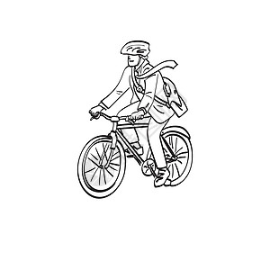 艺术生意人 有戴头盔骑自行车的钢盔 工作说明用白背景孤立的矢量手画图图片