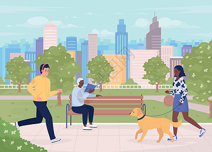 市公园 有访客用平面彩色矢量插图背景图片