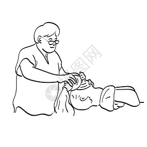 医生教如何在紧急或CPR培训中拯救病人 用白背景线艺术上孤立的洋娃娃插图矢量手进行 (笑声)图片