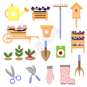 一套农用园艺工具和产品 浇水罐 耙铲花 园艺商店设备 园艺图标 孤立的矢量图图片