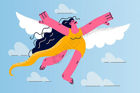 快乐的女人 翅膀在天空中飞翔图片