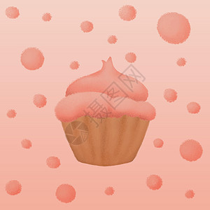 珊瑚粉红色调色盘 粉笔或蜡笔的纹理效果中手工画纸杯蛋糕和点图片