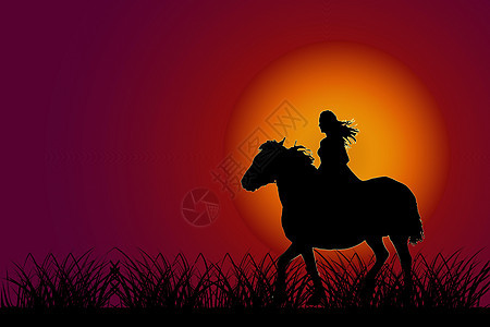 日落时骑马的女孩 日落天空背景上有车手剪影的马图片
