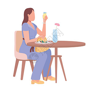 妇女享受闪亮果汁饮料和沙拉半平板彩色矢量特性图片