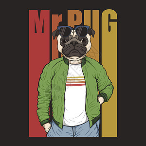 Pug 狗时装矢量插图青年太阳运动卡通片打印服饰哈巴狗艺术乐趣衬衫图片