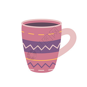 粉红杯 带有咖啡或茶叶装饰图案的粉红杯 以平板风格显示矢量图片