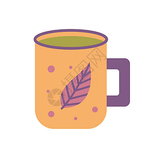 茶杯 装饰叶子 矢量平面图示图片