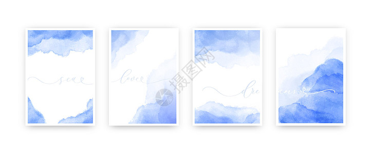 蓝色水彩湿洗飞溅 5x7 海报背景模板 海 爱 梦想书法题词图片