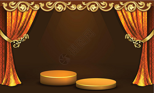 幕后布局和金色展位 用于产品演示文稿的Trindy空讲台显示器插图平台成功广告金子奢华房间仪式场景展览图片
