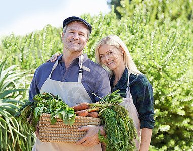 一个成熟的农夫夫妇 拿着一篮子新鲜采摘的蔬菜 他们很自豪图片