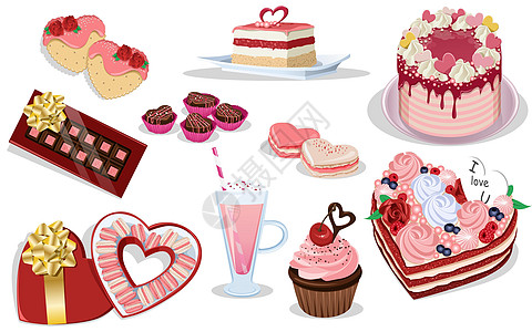一套情人节甜点 甜食 烘焙产品 包括 饼干 蛋糕 马卡龙 巧克力 奶昔 纸杯蛋糕 松露 矢量图图片