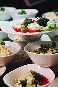 许多圆盘 美味的蔬菜菜盘沙拉在餐厅女性木板垫圈玻璃清洁工胡椒炊具黄瓜桌子洋葱图片