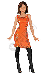 身着橙色裙子和黑双腿高跟鞋靴的矢量时尚年轻女子图片