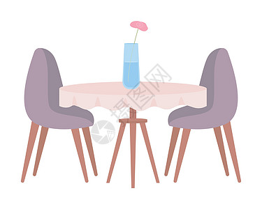 带有桌布和椅子的桌子半平板彩色矢量物体图片
