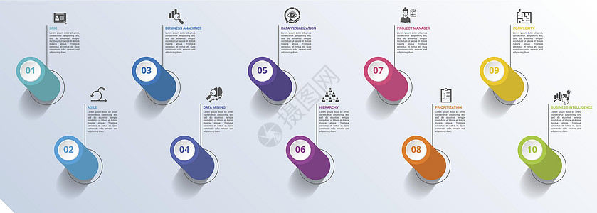 信息商务图标矢量说明 10个彩色步骤信息模板 带有可编辑文本机器仓库智力数据报告表格顾客电子知识电脑图片