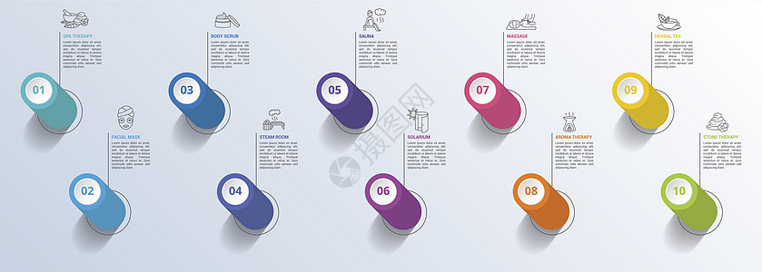处理图标矢量说明 10 彩色步骤信息模板 带有可编辑文本图片