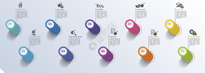 风险管理图标矢量说明 10个彩色步骤信息模板 带有可编辑文本企业技术员工图表经理圆圈数据市场服务金融图片