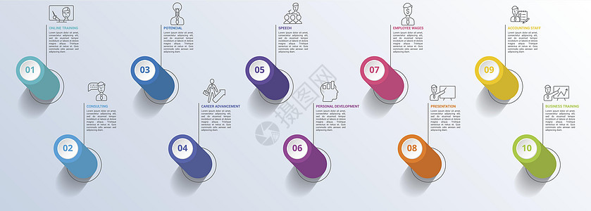 信息商务培训图标矢量说明 10个彩色步骤信息模板 带有可编辑文本资源领导演讲员工战略推介会男人劳动力教育商业图片