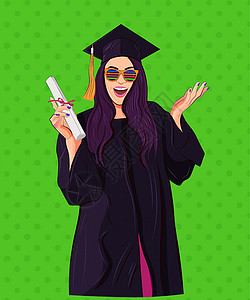 流行艺术风格 女研究生佩戴流行眼镜 帽子和毕业礼服 包括半色调 矢量插图图片