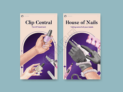 带有指甲沙龙概念 水彩色风格的Instagram模板剪刀手指社交媒体温泉营销工作室配件顾客社区图片