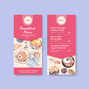 配有特色早餐概念 水彩色风格的菜单模板咖啡店食物专业餐厅水彩传单茶点咖啡面包午餐图片