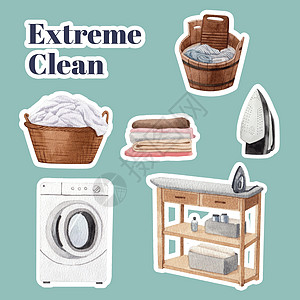 贴上洗衣日概念 水彩色风格的粘贴板模板器具衣架洗衣打扫营销篮子洗涤剂商业房子广告图片