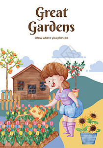 带有园艺家庭概念 水彩风格的海报模板花园绿色植物花盆植物群植物涂鸦热带爱好广告装饰图片