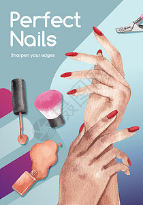 带有指甲沙龙概念 水彩色风格的海报模板工具水彩美容师剪刀女孩传单插图温泉营销治疗图片