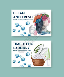 带有洗衣日概念 水彩色风格的Facebook模板营销器具打扫广告洗涤社交卫生洗衣篮子毛巾图片
