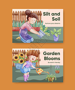 带有园艺家庭概念 水彩色风格的Facebook模板社区生长社交广告花园孩子们爱好丛林装饰绿色植物图片
