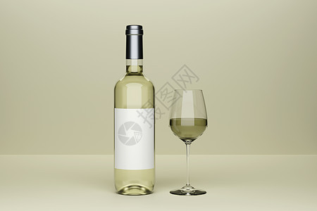 瓶装白葡萄酒 配有标签和玻璃杯子 以清晰绿色背景的摄影现实主义风格展示照片图片