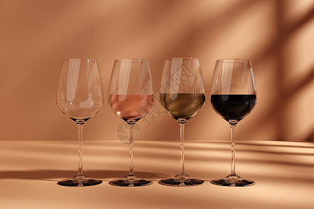 设置透明三德葡萄酒杯空 白 玫瑰和红酒 3d 插图 以照片现实主义风格显示图片