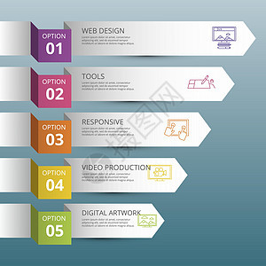 5个带可编辑文字的彩色步骤信息模板 请查看图标矢量说明笔记本办公室插图横幅软件互联网程序商业品牌数据图片