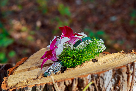 粉粉红花 白羽香花和浅蓝色鲜花的婚礼花束胸花蓝色新娘花朵粉色手镯绣球花牡丹丝带图片